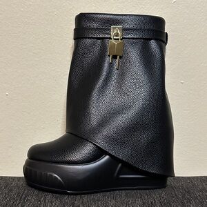 Fashion Nova Black Ankle Boot with Gold Padlock